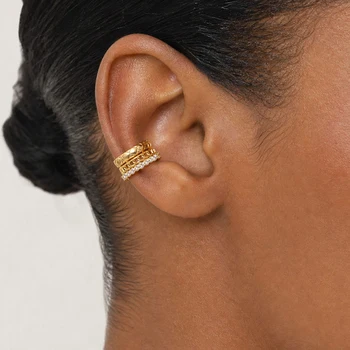 Ear Cuff da Donna, Stile Cuban Link con Micro Zirconi Pavé, Non Forato, Placcato Oro 18K, Gioielli Streetwear da Cartilagine Impilabili