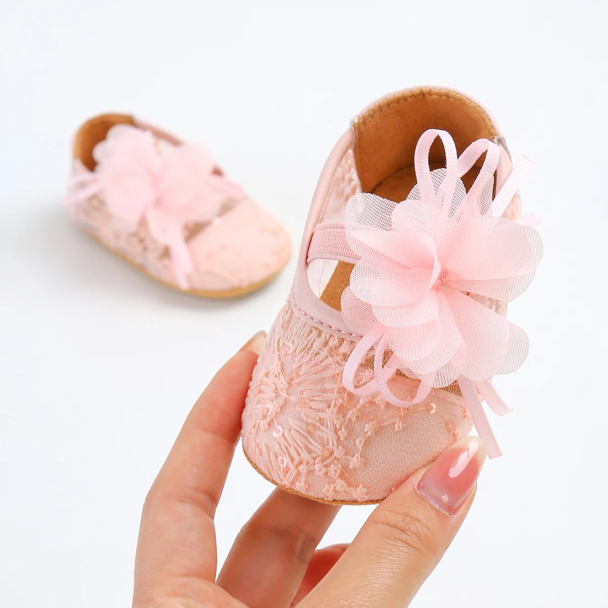 여자아이 드레스 슈즈, 용 첫걸음마 메리제인 플랫 슈즈, 리본 장식, 미끄럼 방지 부드러운 밑창, 웨딩 공주 레이스 네트
