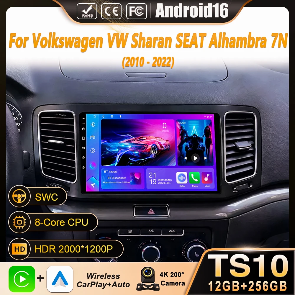 Radio para Auto Android 16 para Volkswagen VW Sharan SEAT Alhambra 7N 2010 - 2022 con Pantalla Android Auto, Estéreo, GPS, Navegación 2k, 4G y Wifi 1