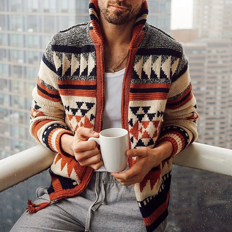 

New Men's Autumn And Winter Zipper Cardigan Jacket Lapel Jacquard Sweater