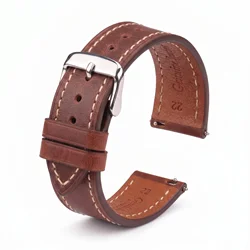 Elegant Vintage Oil Wax Leather Watch Strap - Soft Top Grain Leather Bracelet - 20mm (Brown)