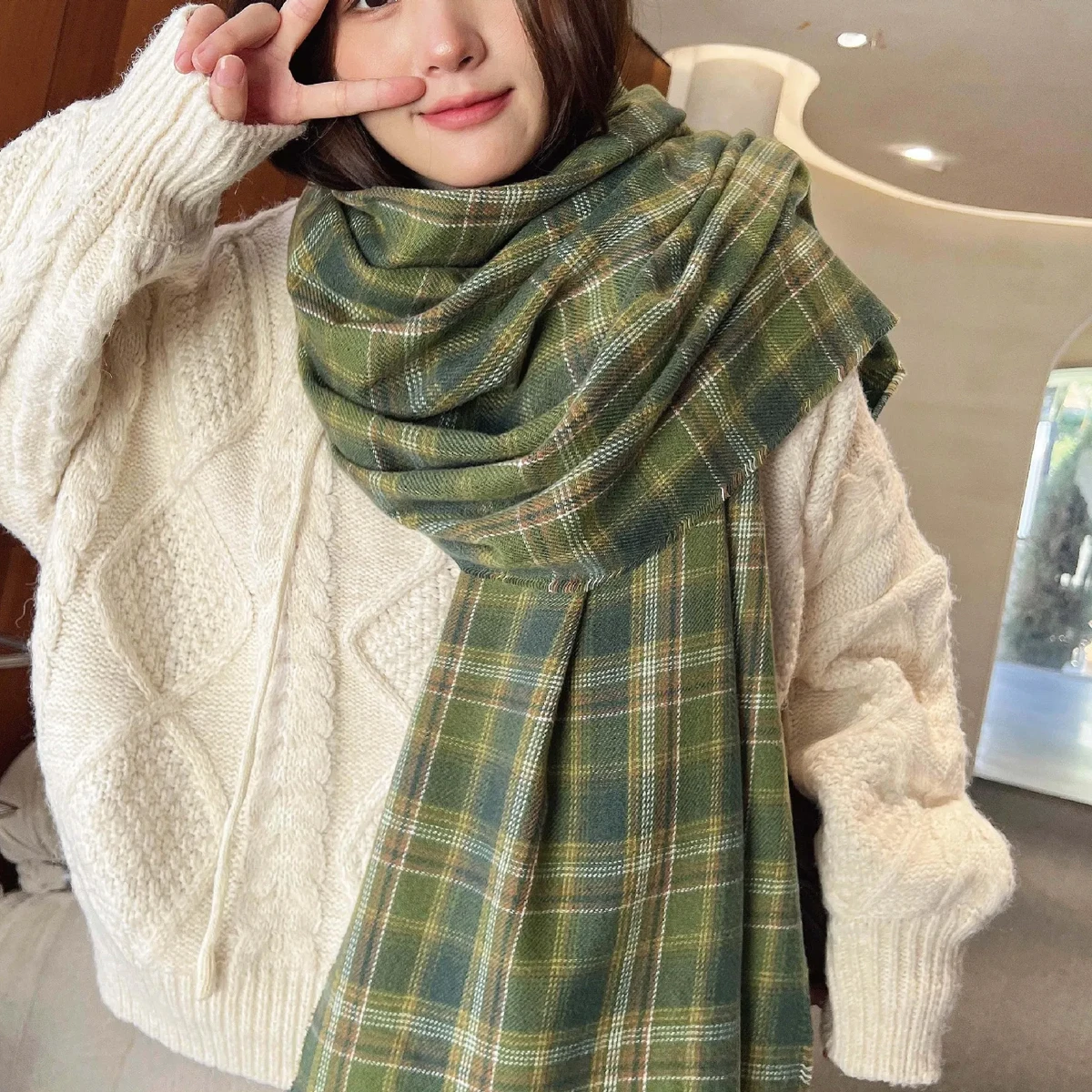 

2023 Imitation Cashmere Women Scarf Winter Preppy Style Vintage Plaid Scarve Pashmina Mujer Foulard Blanket Wrap Shawl