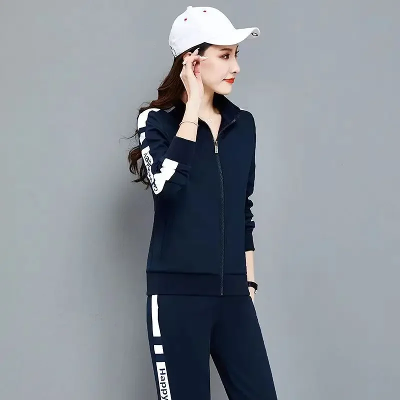 Spring and Autumn Printed Couple Sports Sets Women's Long Sleeve Zipper Jacket Elastic Waist Sports Pants Two Piece Set