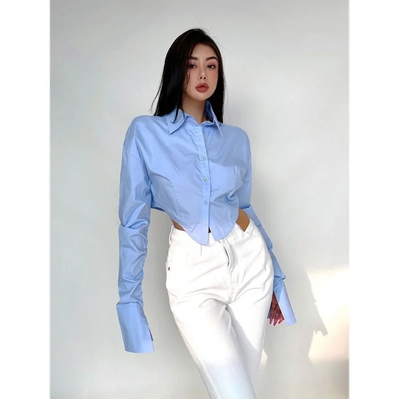 

Deeptown Women Blouse White Crop Top Korean Streetwear Long Sleeve Tops Sexy Casual Basic Button Up Shirts Female Trendy Fashion