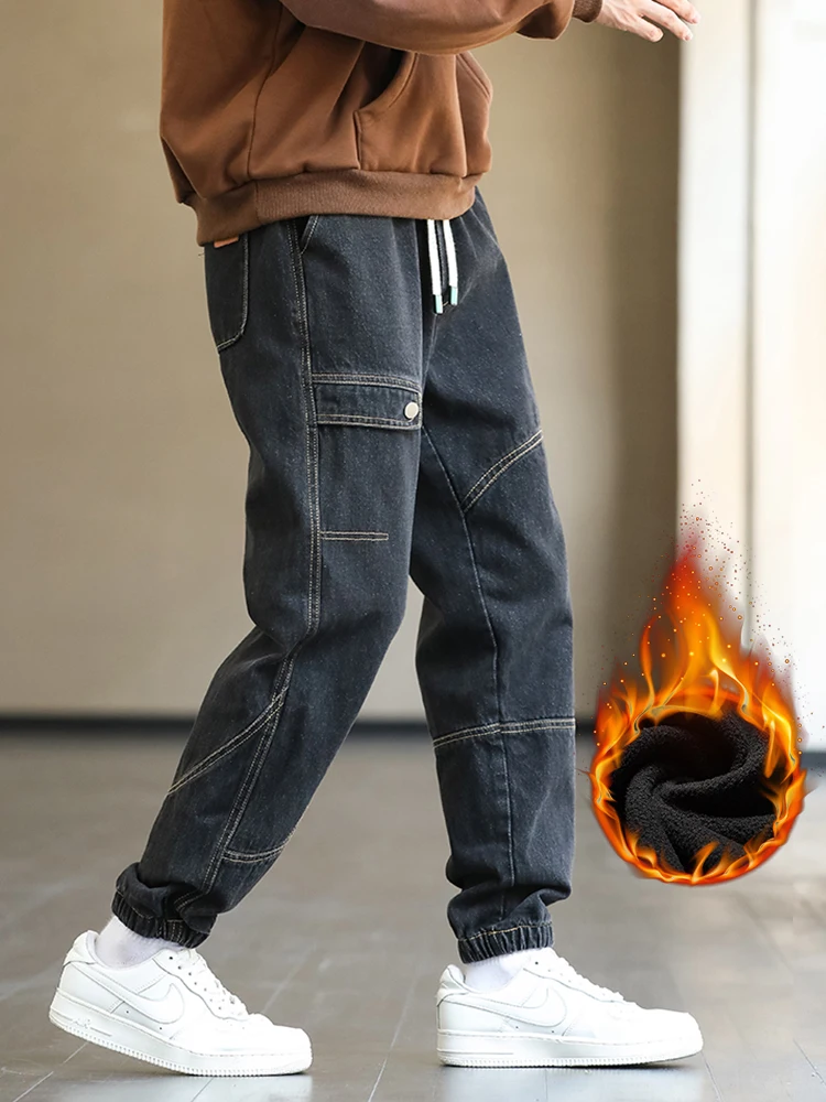 Thicken Men's Cargo Jeans Warm Fleece Fashion Large Pockets Bound Feet Sweatpants Male Drawstring Korean Plush Denim Trousers 6