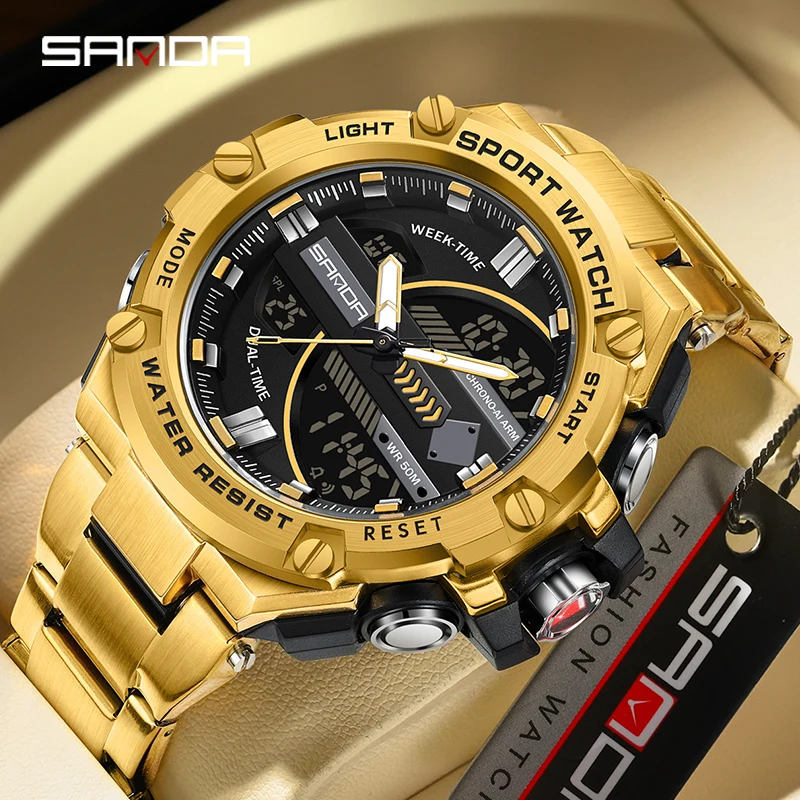 Sanda 3185 New Design For Men Stainless Steel Strap Alarm Mode Waterproof Shock Resistant Outdoor Sports Chronograph Watch