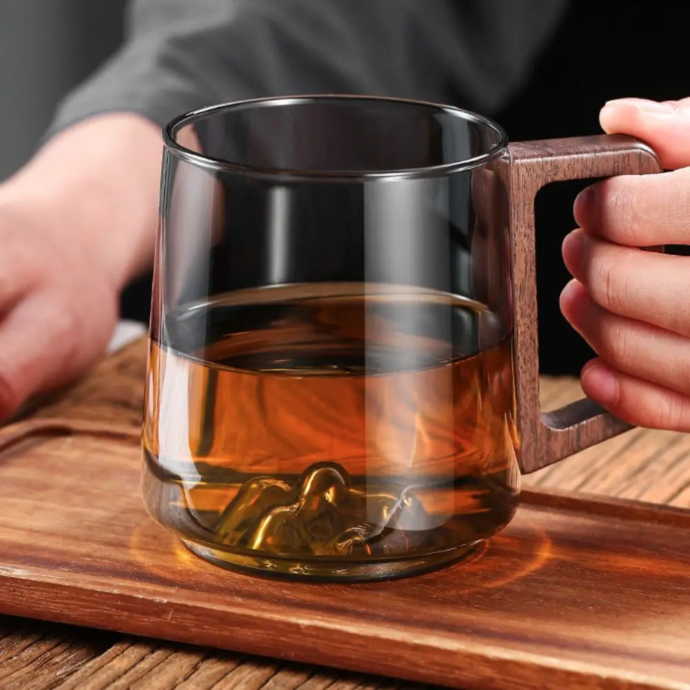 Internal Mountain Protrusion Glass Cup Large Capacity Single-layer Water Drinking Cup Heat-resistant Wooden Handle Tea Cup Gift
