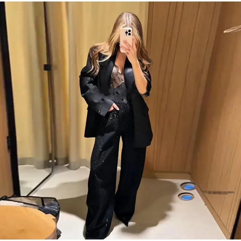 Modische Pailletten-Hose für Damen mit Reißverschlüssen, Knöpfen und Taschen, Weites Bein, Herbst-Winter 2026, Schicke Streetwear für Damen – Detail 9