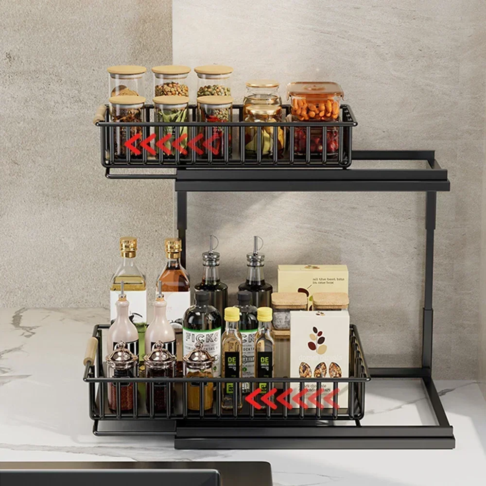 

2 Tier Storage Shelf Under Sink Storage Pull-Out Cabinet Spice Rack Multifunctional Kitchen Under Sink Bathroom Racks Organizer