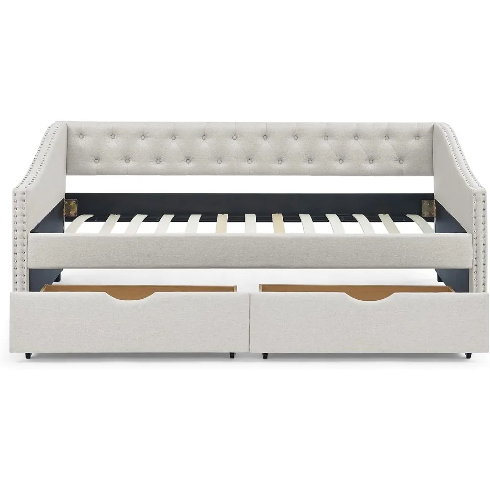 Wood Twin Daybed Frame with 2 Storage Drawers, Upholstered with Button and Nailhead Design for Bedroom Guest Room 6