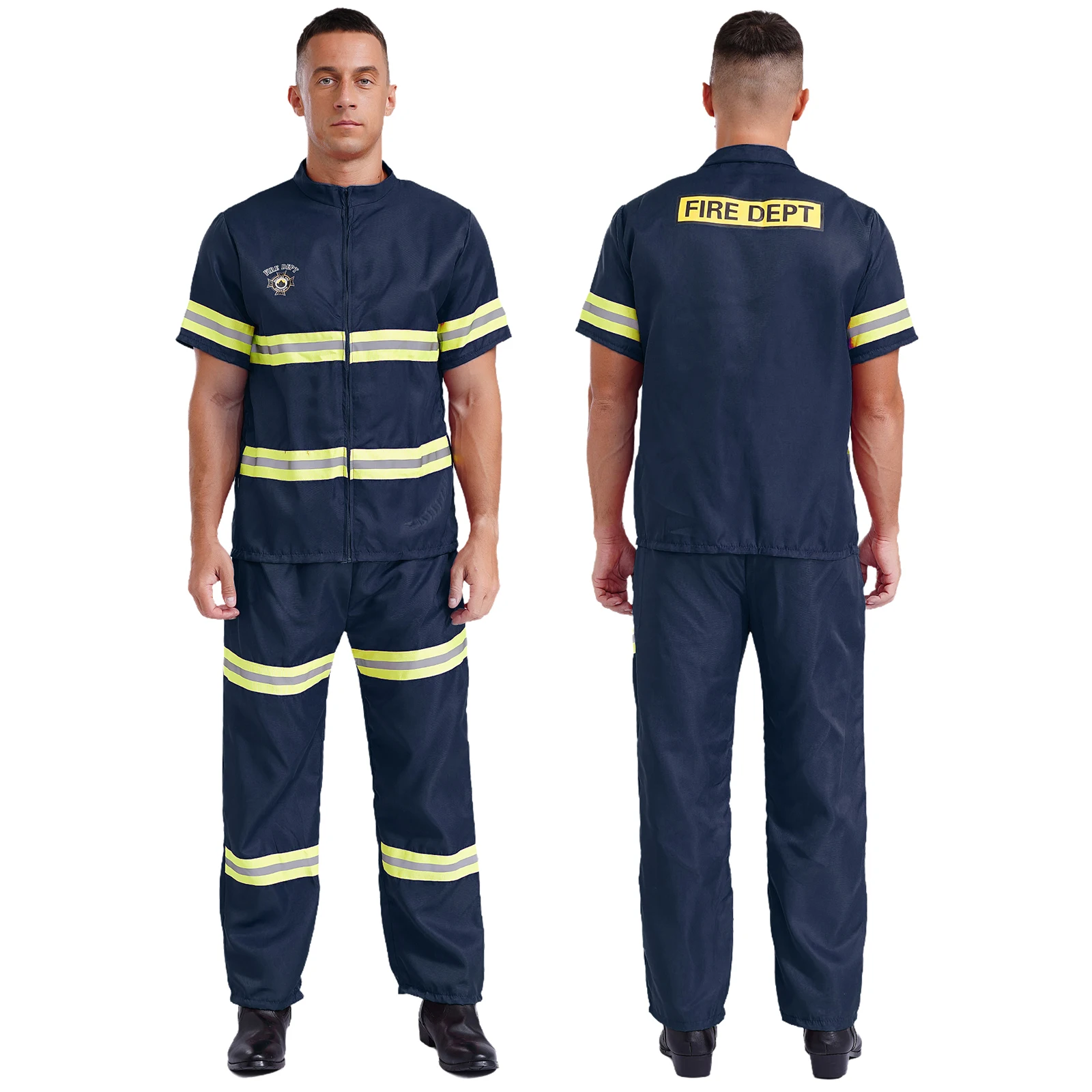 Disfraz de bombero para hombre, disfraz de Halloween, bombero, capitán de fuego, uniforme, casco de plástico, chaqueta, abrigo, pantalones y cinturón