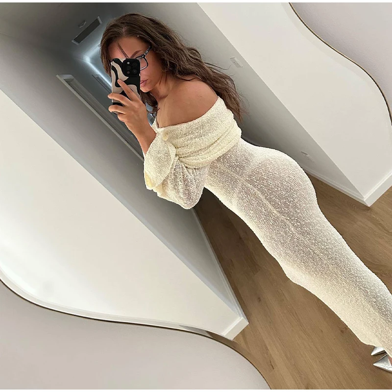 Beach Knitted Off The Shoulder Long Dress Women Slim Flare Sleeve Hollow Out Maxi Dresses 2025 Summer Lady Hip Package Robes