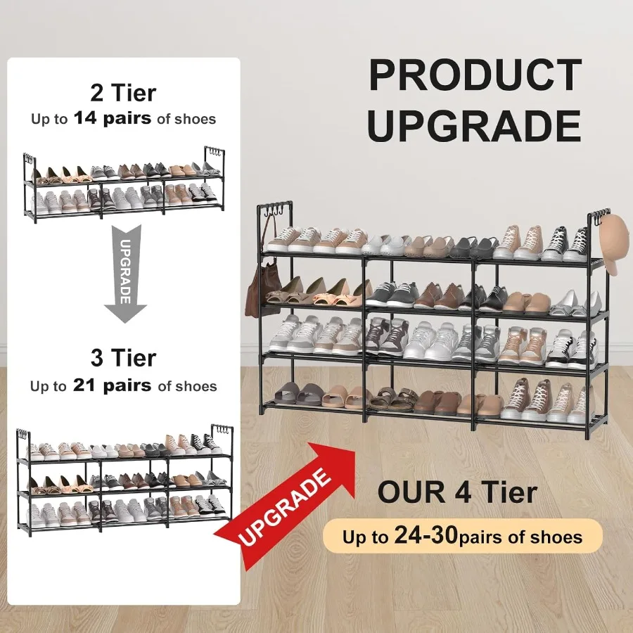 3Row 4Tier Shoe Rack Black Metal Stackable Shoe Shelf with Multifunctional Hooks Hold 2430 Pairs Space Saving Shoes Organizer f
