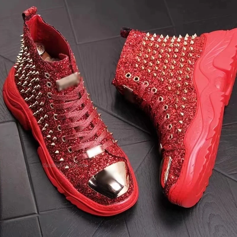 

Metal Rivets Decor Red Giltter Ankle Boots Cross Tied High Top Men Shoes Footwear High Quality Comfort Casual Fashion Men Shoes