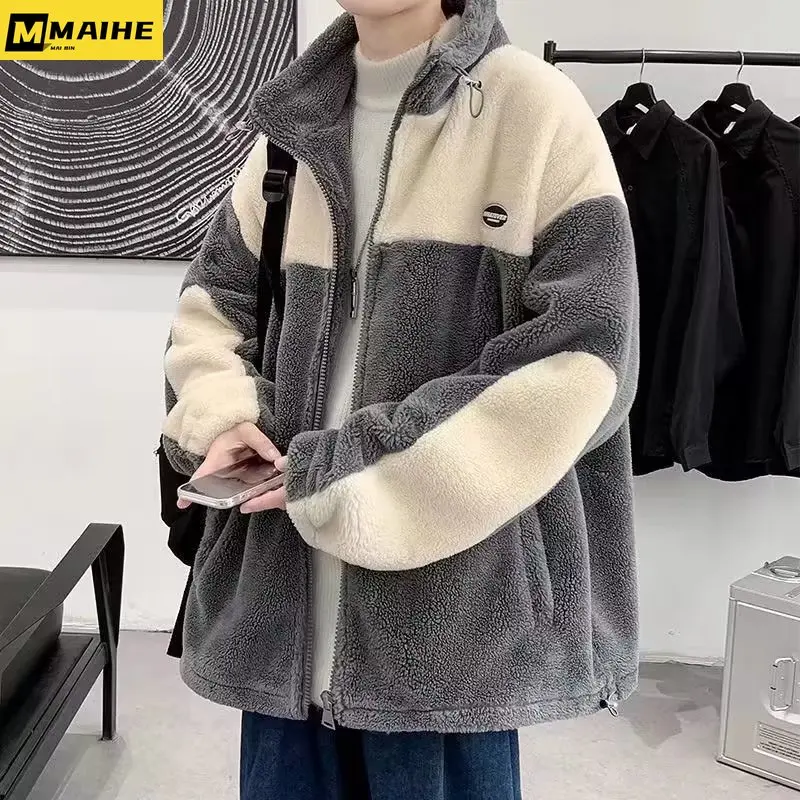 Men's Winter jacket Harajuku Fashion patchwork Lamb wool warm coat Men's 2023 new hip hop streetwear couple preppy school jacket