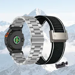 Dual Pack: Premium Metal and Nylon Watch Bands for Garmin Enduro and Descent Series (Silver - Black)