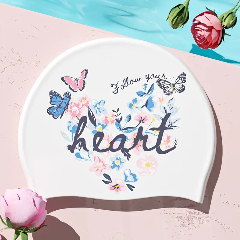 Printed Swim Caps for Women Large Size Comfortable Silicone Swimming Cap Long Hair Ear Protection Swimming Cap Pool Accessories 4