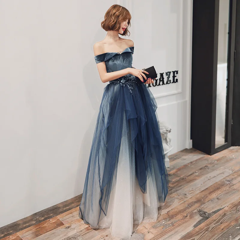 

Elegant Blue Evening Dress Slash Neck Sequined Beads Formal Banquet Party Dresses 2023 New Fashionable Floor-Length Form Gowns