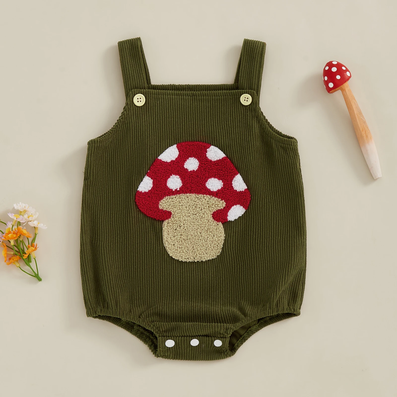 귀여운  코듀로이 롬퍼 민소매 자수 무당벌레 꿀벌 과일 버섯 바디수트 오버올 남아 여아 의류
