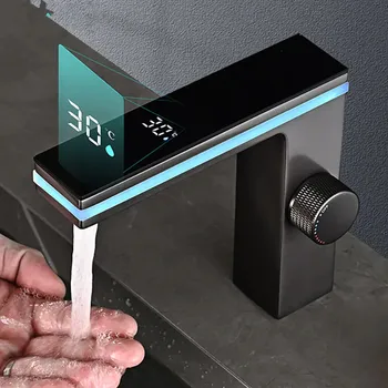 ดิจิตอลจอแสดงผลก๊อกน้ําอ่างล้างหน้าห้องน้ําอัจฉริยะ LED ทองเหลืองดาดฟ้าติดตั้งอ่างล้างหน้าเครนร้อนน้ําเย็น Mixer Sink Vanity TAP 1