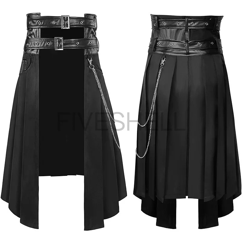 thumbnail image 1 of Falda plisada punk para cosplay, cinturón de cuero gótico para hombre, falda escocesa de guerrero romano medieval, falda de metal asimétrica, disfraz de Halloween negro, 1 of 5