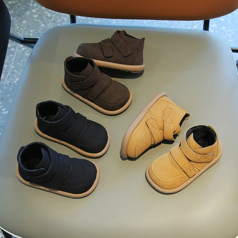 Children Warm Short Boots Boys Retro Cow Muscle Sole Cotton Shoes Girls Fashion Double Hook Closure Spring Boots, children boots