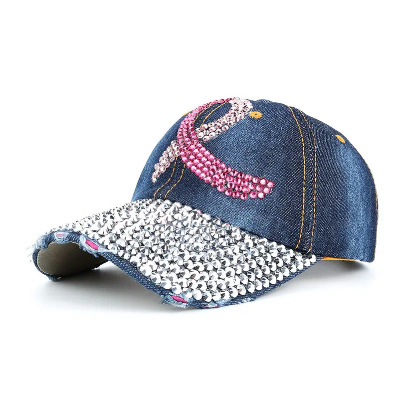 

Fashion Breast Cancer Rhinestones Hats for Women Ladies Bling Pink Ribbon Logo Baseball Caps Never Give Up Diamond Snapback Caps