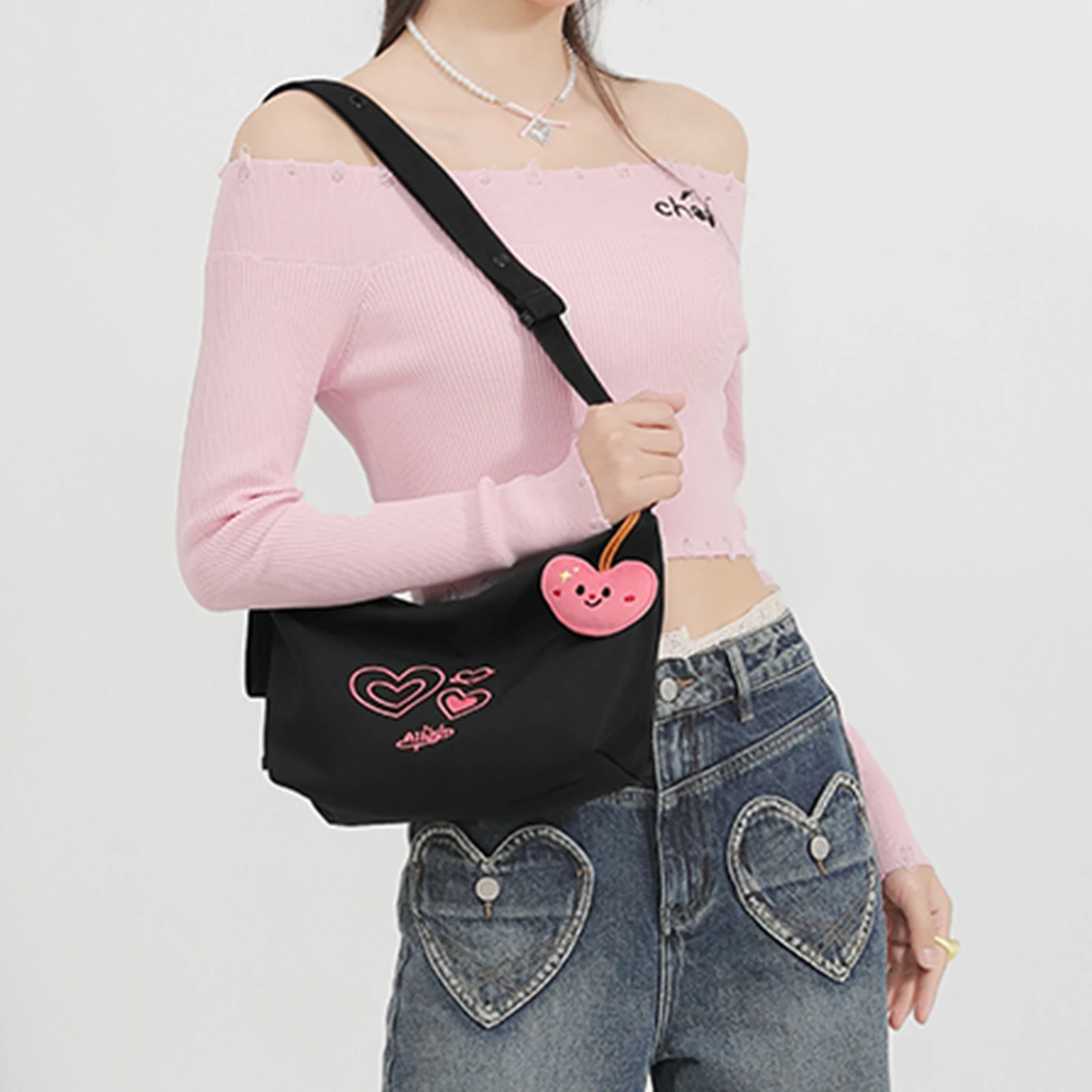 

AILUXI Summer Small Bag Women Black Canvas Handheld Small Lunch Box Bag Single Shoulder Crossbody Crescent Underarm Soft Bag
