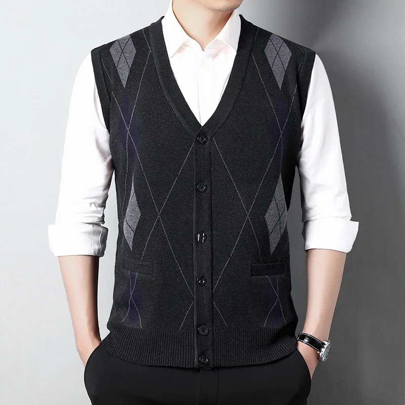 Spring New Korean Fashion Knitted Cardigan Sleeveless Tank Men Panelled Print V-neck Button Pocket Casual Warm Vest Sweater Top