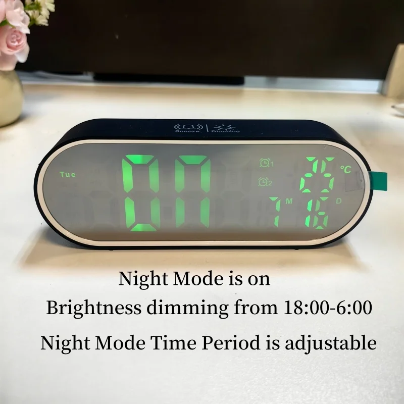 Description Picture 5 of itemDigital Alarm Clock TEMP Date Week 2 Alarms Night Mode Snooze 12/24H Anti-disturb Voice Control Rechargeable LED Mirror Clock