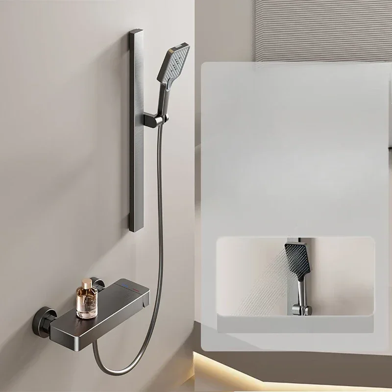 Bathroom Wall Mounted Simple Shower System Piano Key Rainlfall Pressurized Cold Hot Water Shower Faucet Full Set Space Aluminum 5