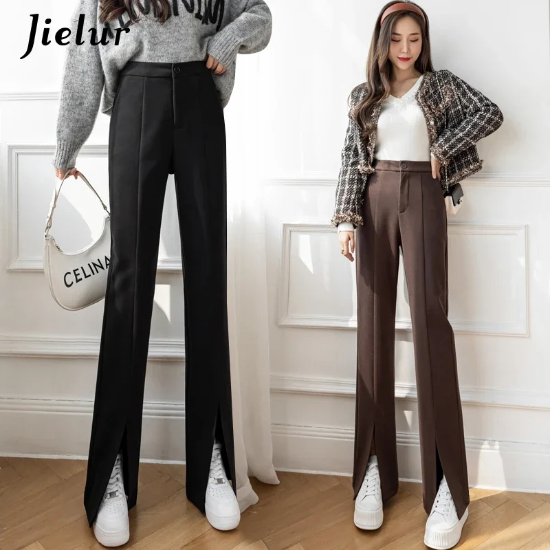 Jielur Winter Fashion Split Women's Pants High Waist Coffee Black Trousers Office Lady Straight Leisure Woolen Long Pants S-XL