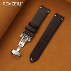 Vintage Casual Genuine Leather Watch Strap with Butterfly Buckle - 22mm (Dark Brown)