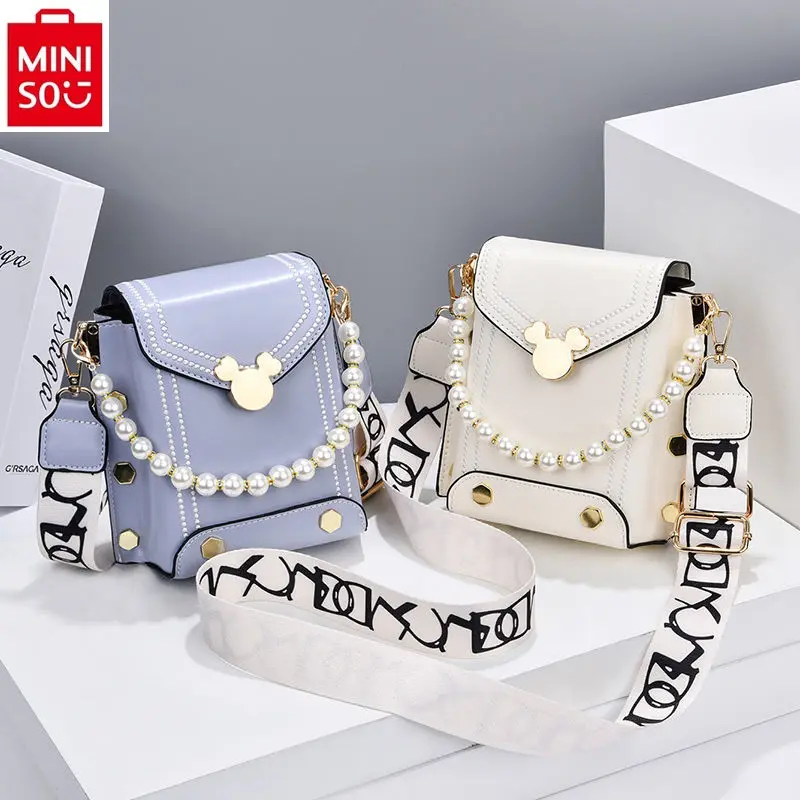 MINISO Disney Mickey Fashion Lock Buckle Versatile Sweet Pearl Pendant Phone Bag Women's High Quality Storage Small Square Bag