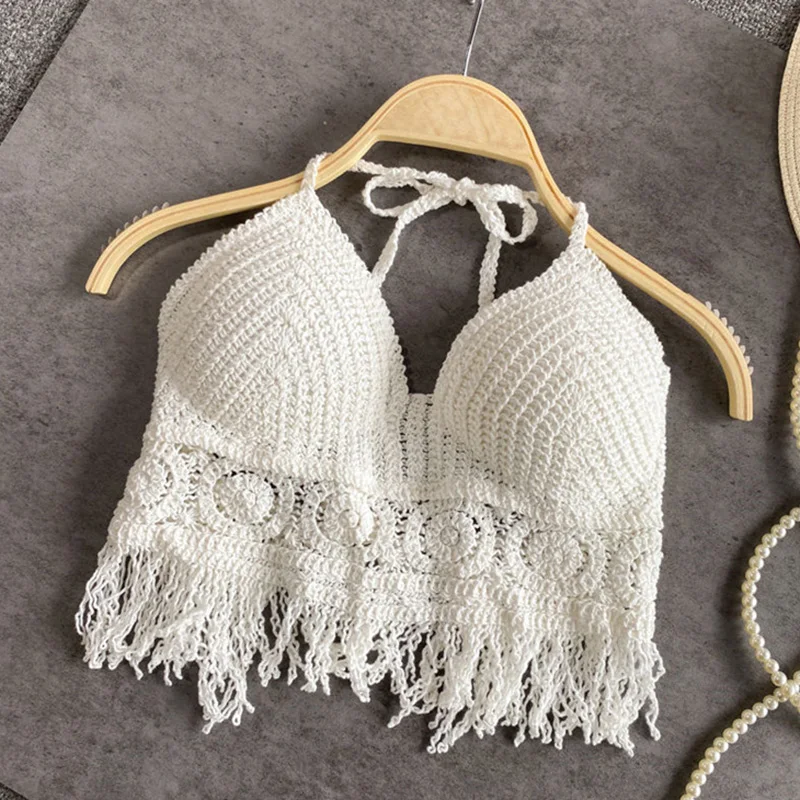 섹시한 Boho 비치 홀리데이 캐미솔 홀터넥 여성 크로 셰 뜨개질 니트 수영복 브래지어 백 레스 조끼 중공 술 탱크 탑 여성 자르기 탑