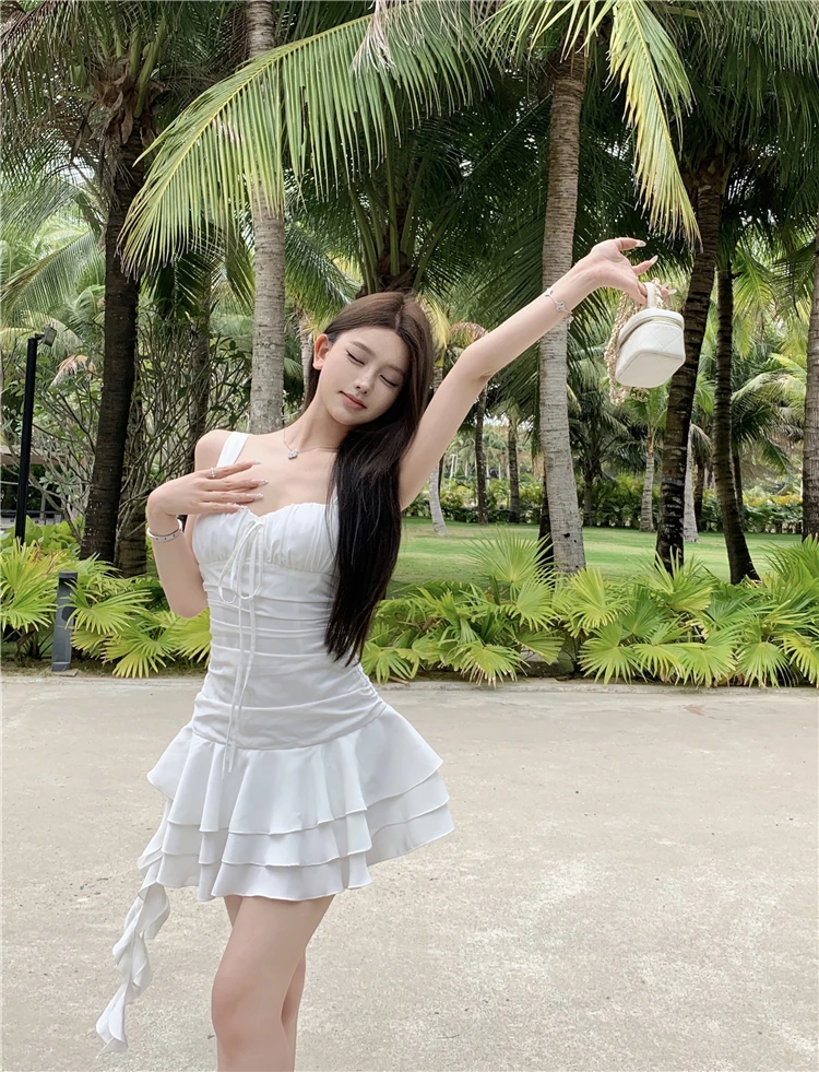 Summer New Holiday Beach Style Short Dresses for Women Spaghetti Strap Ruffles A-line Birthday Party Dress Korean Chic Vestidos