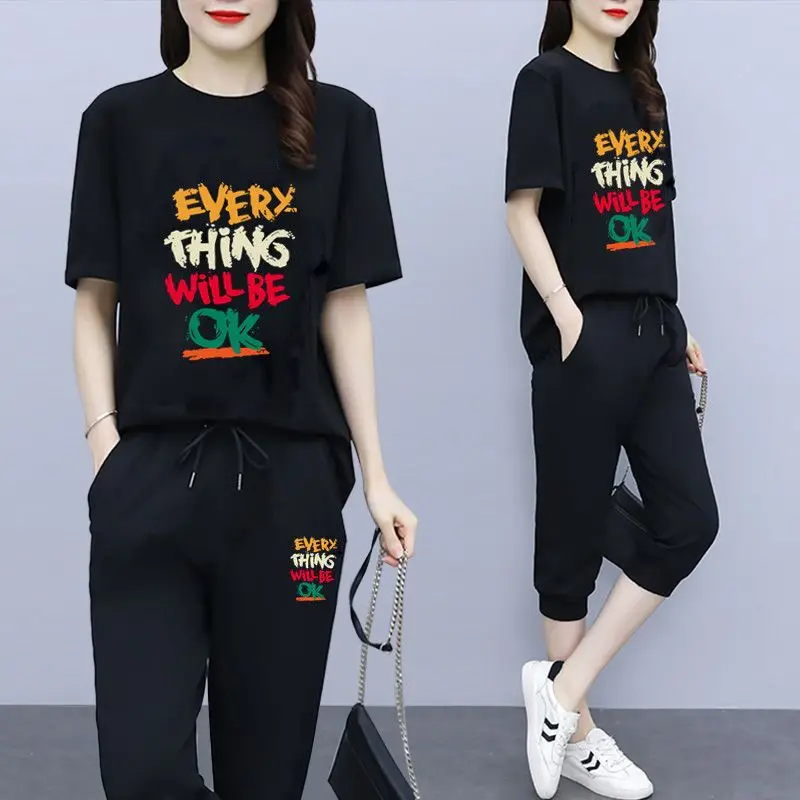 Single piece/set slim summer Korean casual sports women's 2024 loose cropped pants+short sleeved two-piece set