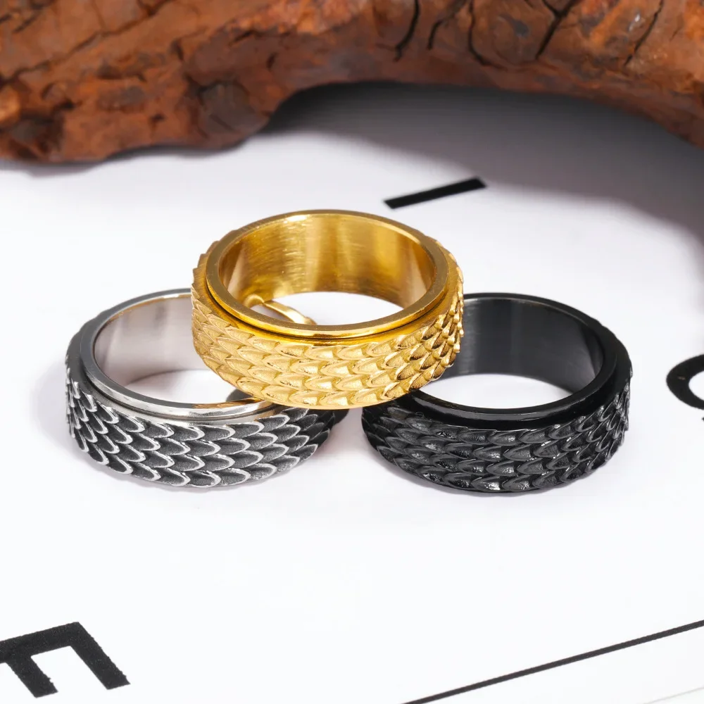 

CHUANGCHENG Fashion Minimalist Vintage Men's Dragon Scale Rotatable Stainless Steel Food Rings Size 7-13