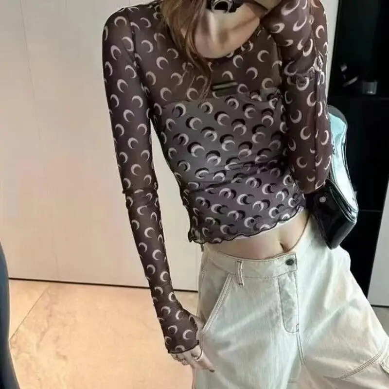 Women Sheer Mesh Shirt Long Sleeve Crop Top Slim Elastic Blouse Y2K Casual Sexy Ruffles Bottoming T Shirt 2