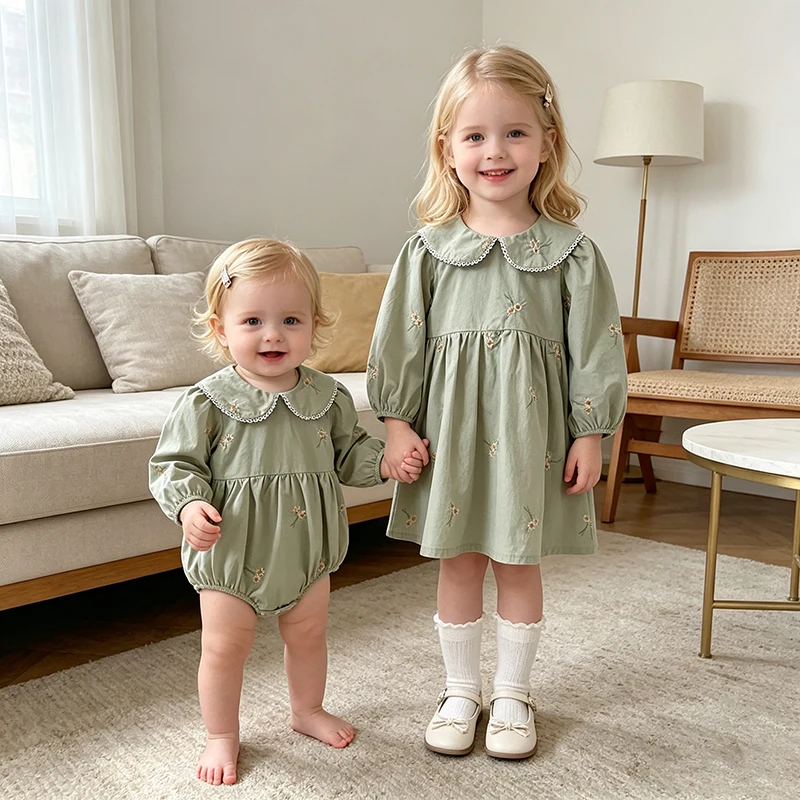 Schwesterkleidung: Baby-Mädchen Rüschenkleid & Strampler, Blumenmuster Prinzessinnenkleid, Familienkleidung