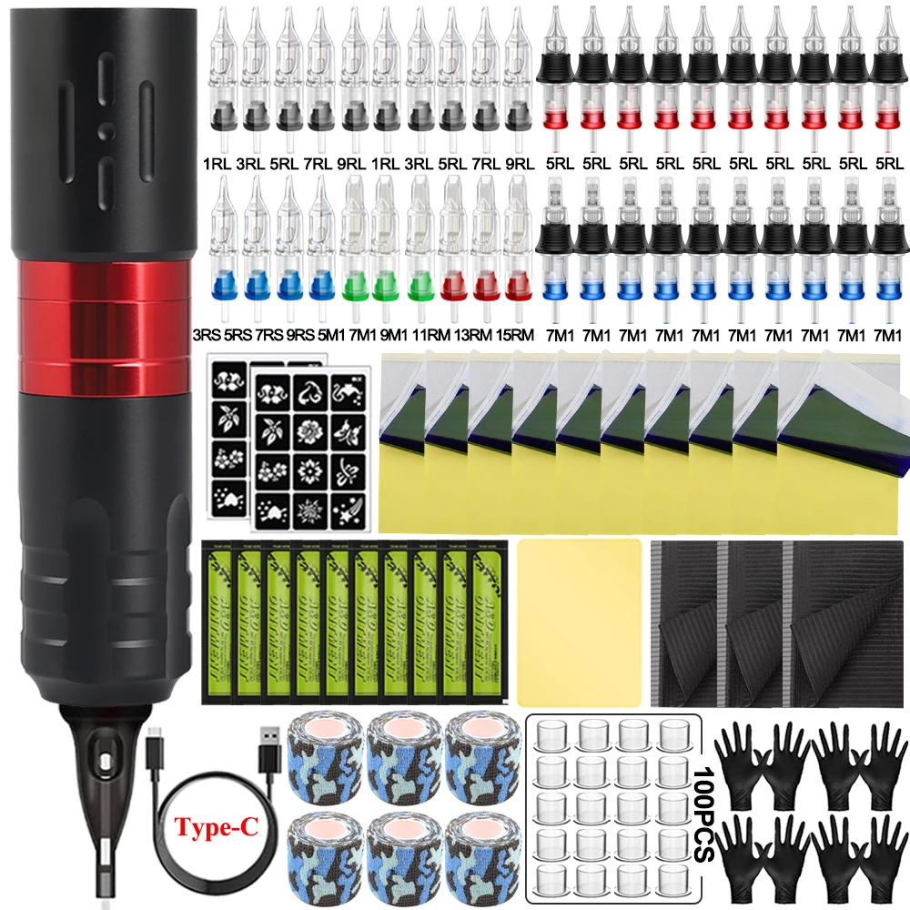

Wireless Tattoo Machine Kit Set Battery Tattoo Pen Machine Sets with Cartridge Needles Cream Transfer Tattoo Kit for Beginner