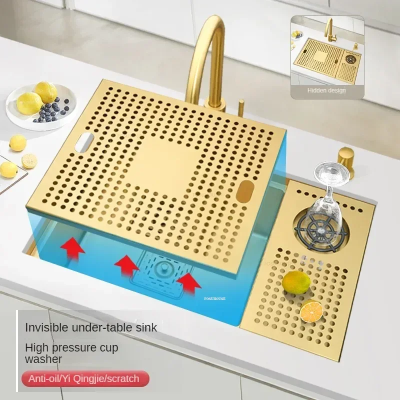 Luxury Golden Kitchen Sinks Kitchen Accessories Dish Drainer Stainless Steel Single-slot Bar Table Cup Washer Sink z