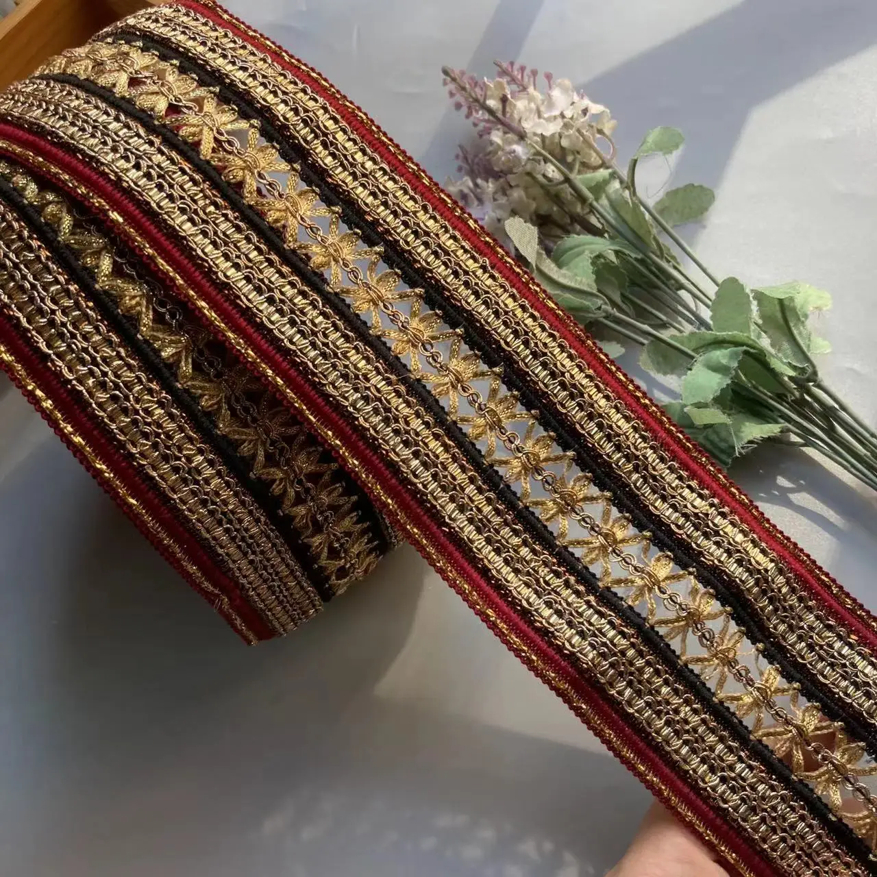 1 Yard 7cm rice lace trim ribbon ethnic clothing gold thread embroidery sequin fabric jacquard webbing