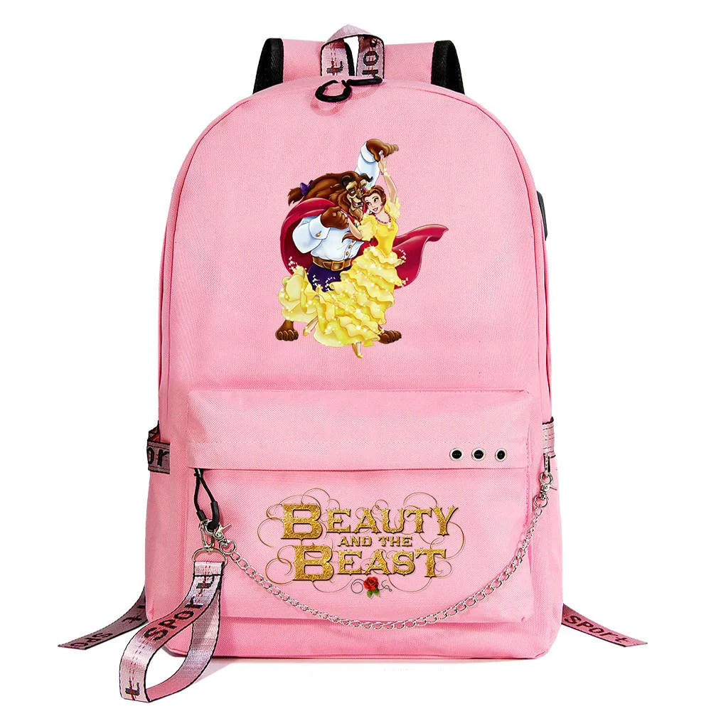 Disney Beauty and the Beast School Bags Teenager USB Charging Laptop  Backpack For Boys Girls Student Book Bag Mochila Travel Bag