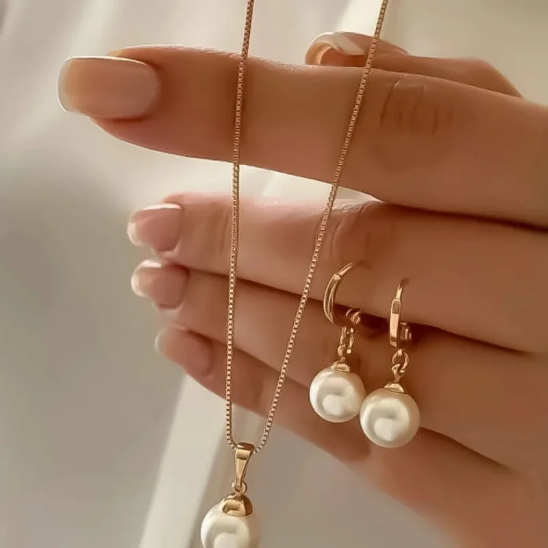 Stylish Pearl Jewelry Set for Women, Featuring Drop Earrings and Matching Necklace, Simple Elegant Everyday Wear and Party Acces - 2
