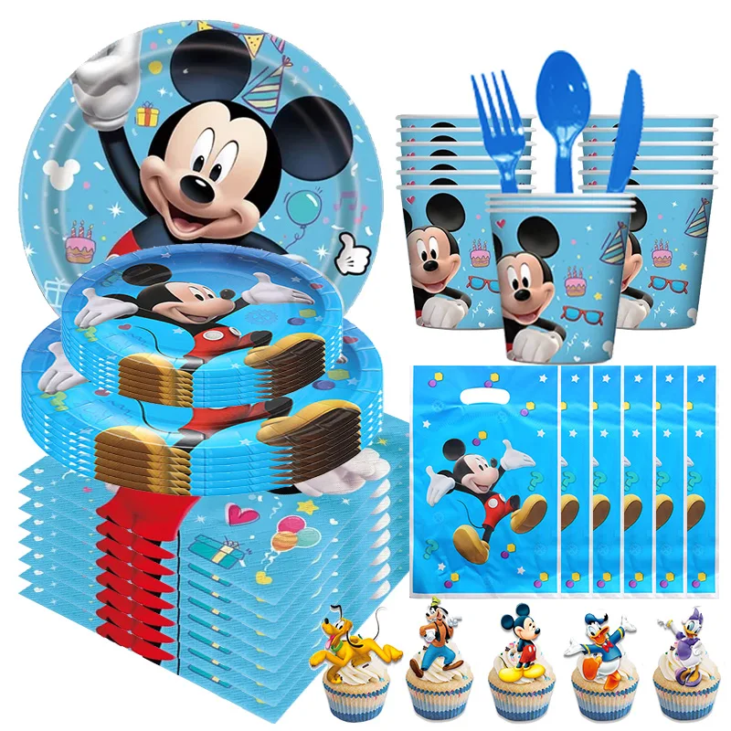 Blau Mickey Mouse Geburtstag Dekoration Party Set Geschirr Teller Tassen Serviette Tischdecke Ballon Für Kinder Geburtstag Party Supplies
