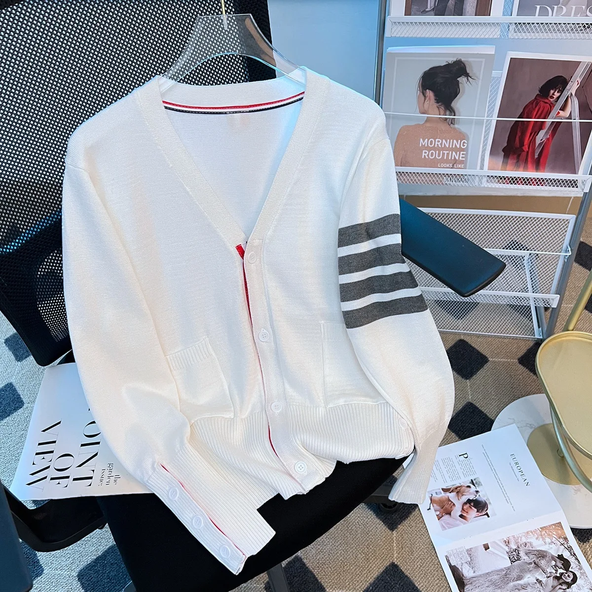 

striped long sleeves Cardigans for women, loose thin casual knitted crop top, wjye jumpers jackets y2k clothes tb 가디건