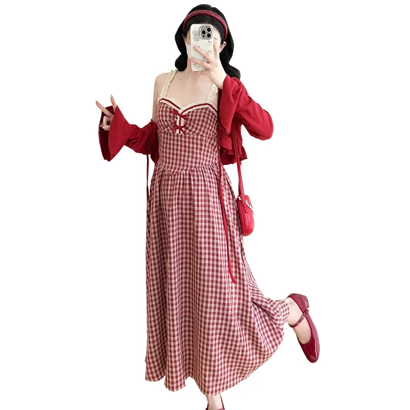 Spring Maternity Dress Suits Long Flare Sleeve Cardigans Lace Strap Plaid Dress Twinset Pregnant Woman Party Clothing Set