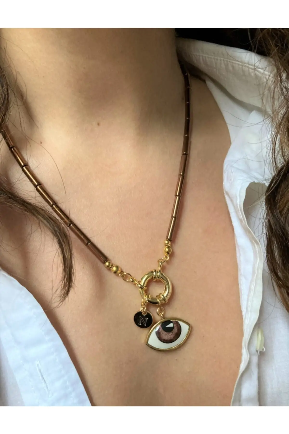 

Brown Eye Detailed Copper Coffee Hematite Necklace Clip Natural Stone Metallic One Size Steel Jewelry & Jewelry Accessory