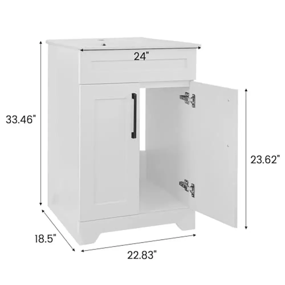 24" White Bathroom Vanity Cabinet Ceramic Sink Combo Double Door Storage Matte Black Faucet Freestanding Modern Style Oversize 2